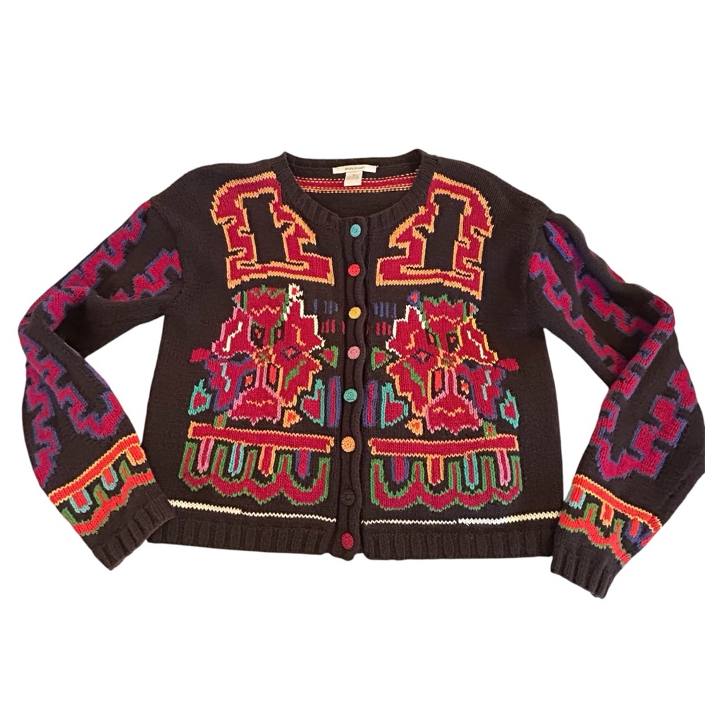 Worlds Apart Vintage 90s Colorful Hand Knit Cardigan Size M Southwest